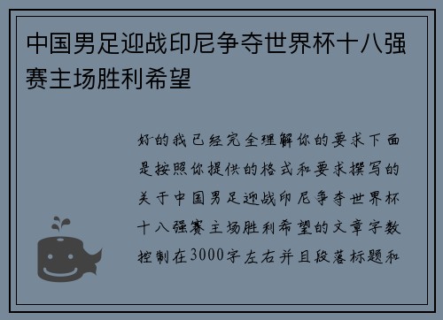中国男足迎战印尼争夺世界杯十八强赛主场胜利希望