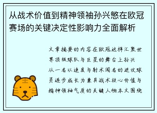 从战术价值到精神领袖孙兴慜在欧冠赛场的关键决定性影响力全面解析